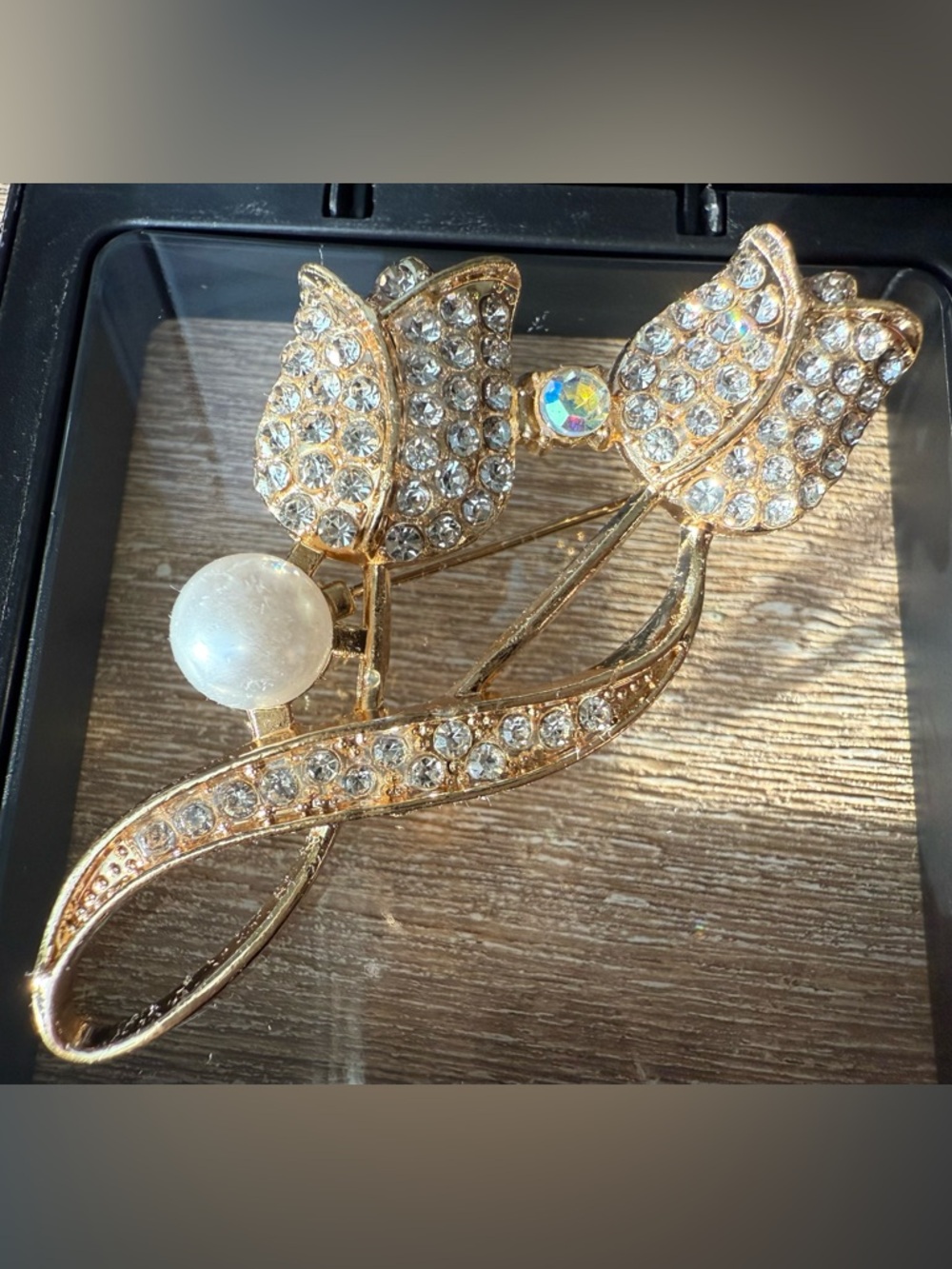 Gold Crystal Floral Pin Broach with Pearl Accent